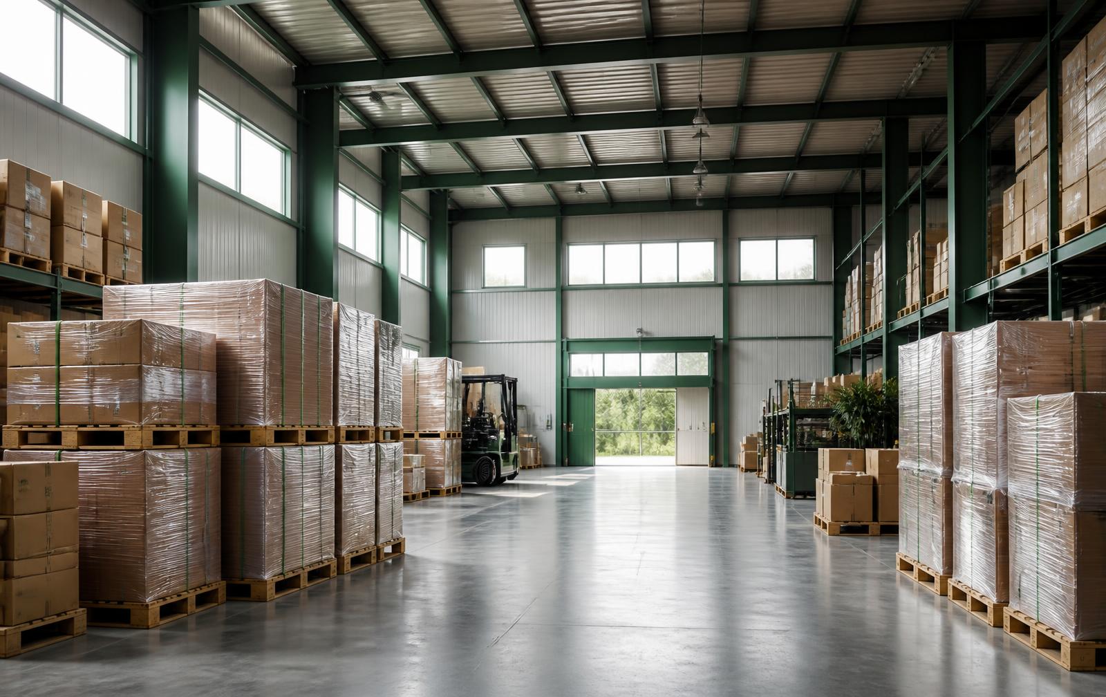 Net magazijn met gestapelde pallets en verpakte handelsgoederen