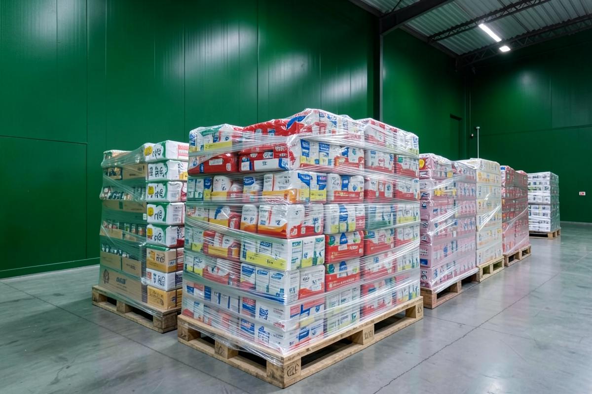 Gestapelde pallets met in folie verpakte consumentenartikelen in een magazijn